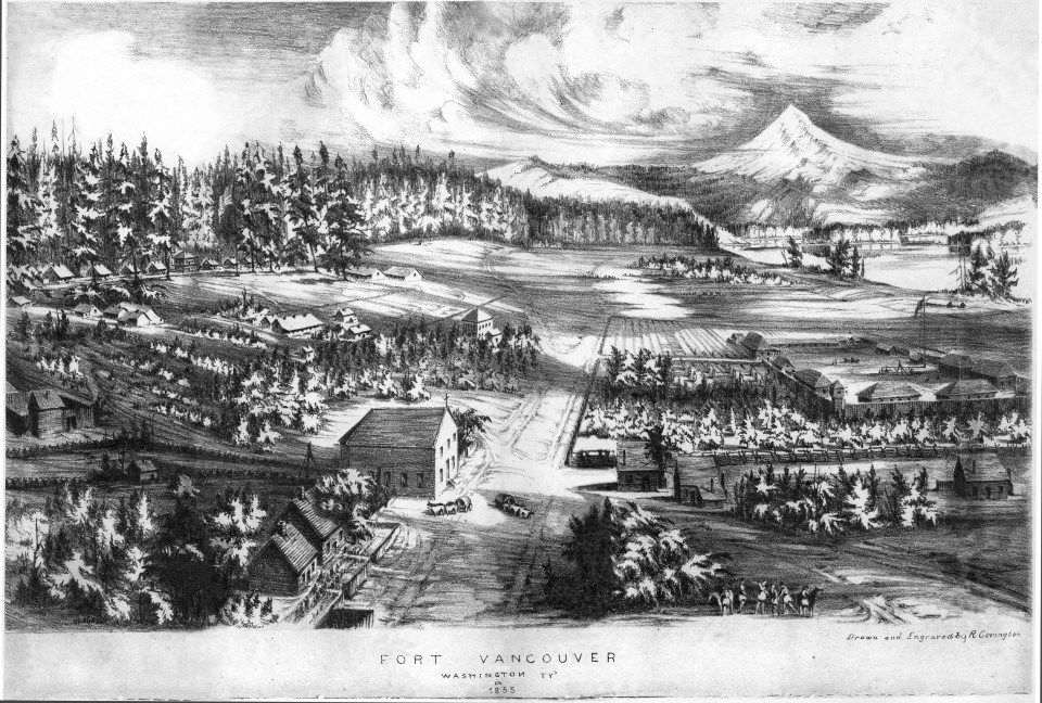 Black and white print showing Fort Vancouver, the Columbia River, and the Fort Vancouver Garden.