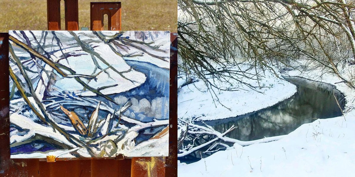 A photograph of a curve in a stream with snow on the banks and a photo of the same