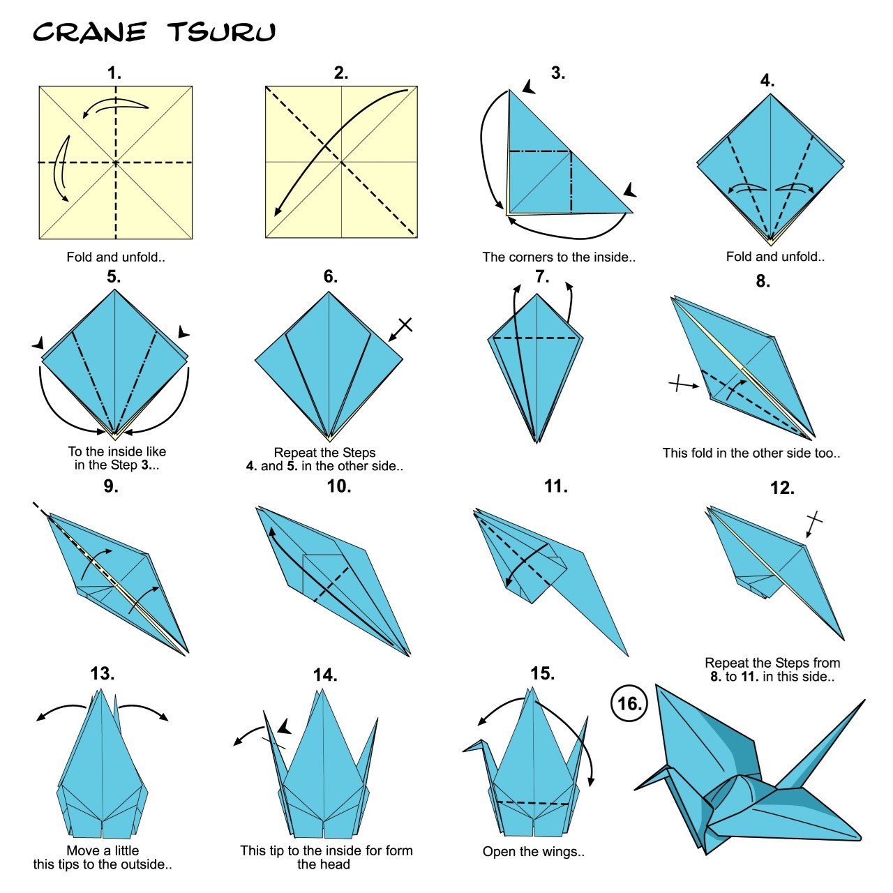 A 16-step diagram on how to fold an origami crane.
