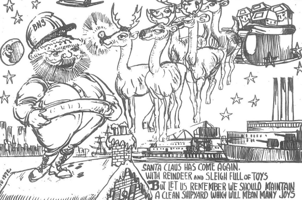 Cartoon of a Santa wearing a hard hat with his reindeer encouraging a clean shipyard.