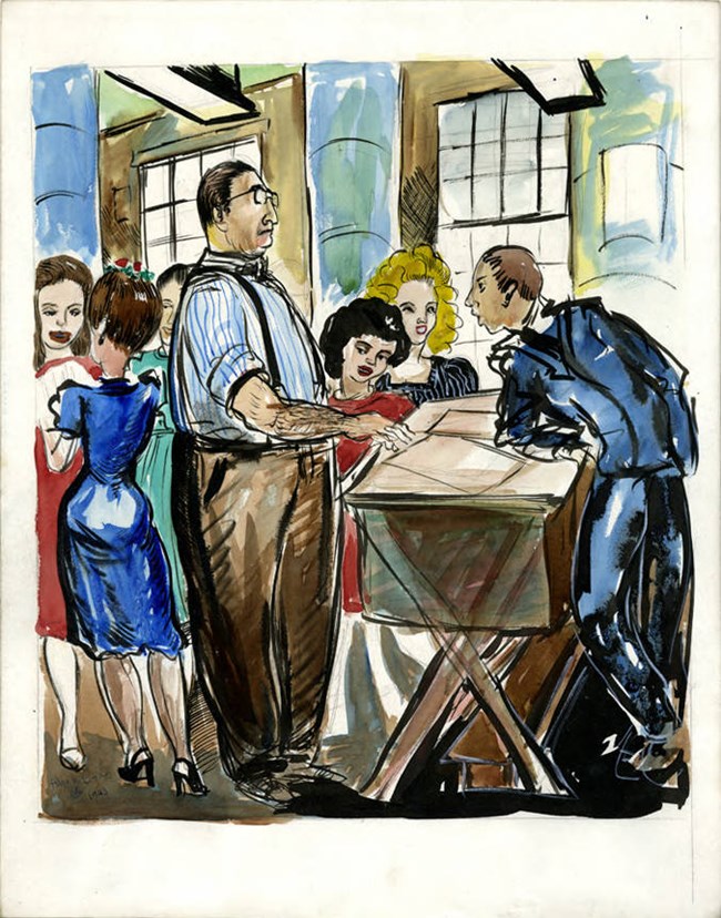 Vibrant painting of a drafting room with a man standing at his desk and women and another man standing around it.