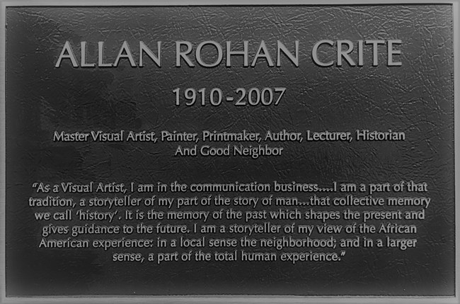 Historic plaque in honor of Allan Rohan Crite, 1910-2007, Master Visual Artist, Painter, Printmaker, Author, Lecturer, Historian and Good Neighbor.