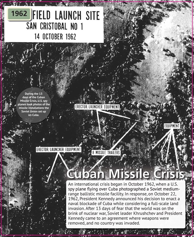 Cuban Missile Crisis Aerial photograph with annotations and arrows indicating locations of erector slash launch equipment, and eight missile trailers.