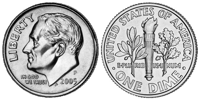 A silver-colored coin. Front: bust of FDR facing left, text: “LIBERTY / IN GOD WE TRUST / 2005.” Back: a torch, oak leaves, and an olive branch, text: “UNITED STATES OF AMERICA / E PLURIBUS UNUM / ONE DIME.”