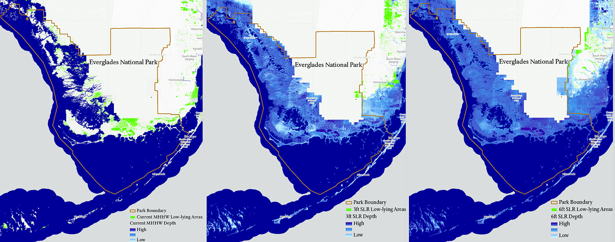 Maps showing current, three feet, and six feet sea level rise scenarios in the Everglades
