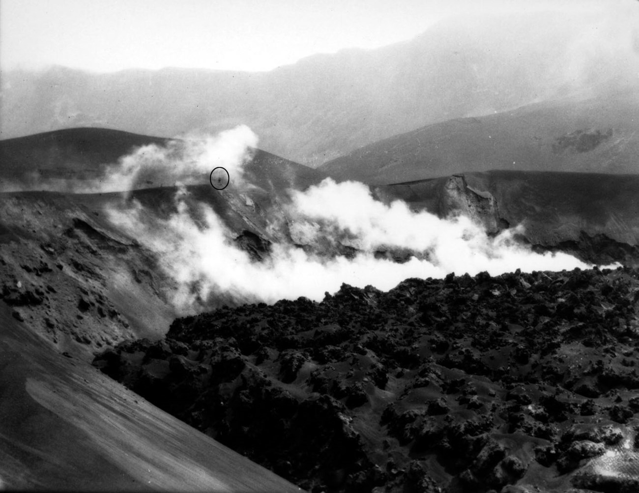 black and white photo of a blocky lava flow