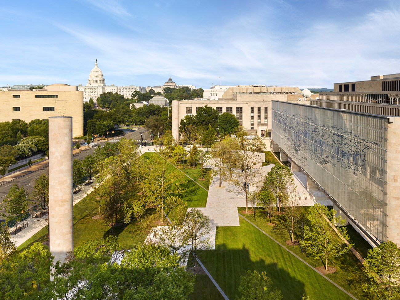 Aerial view of the Dwight D. Eisenhower Memorial surrounded by government buildings near the US Capitol