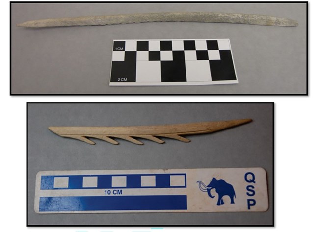 Two images on bone (top) and antler (bottom) arrow shafts that melted out of ice fields.