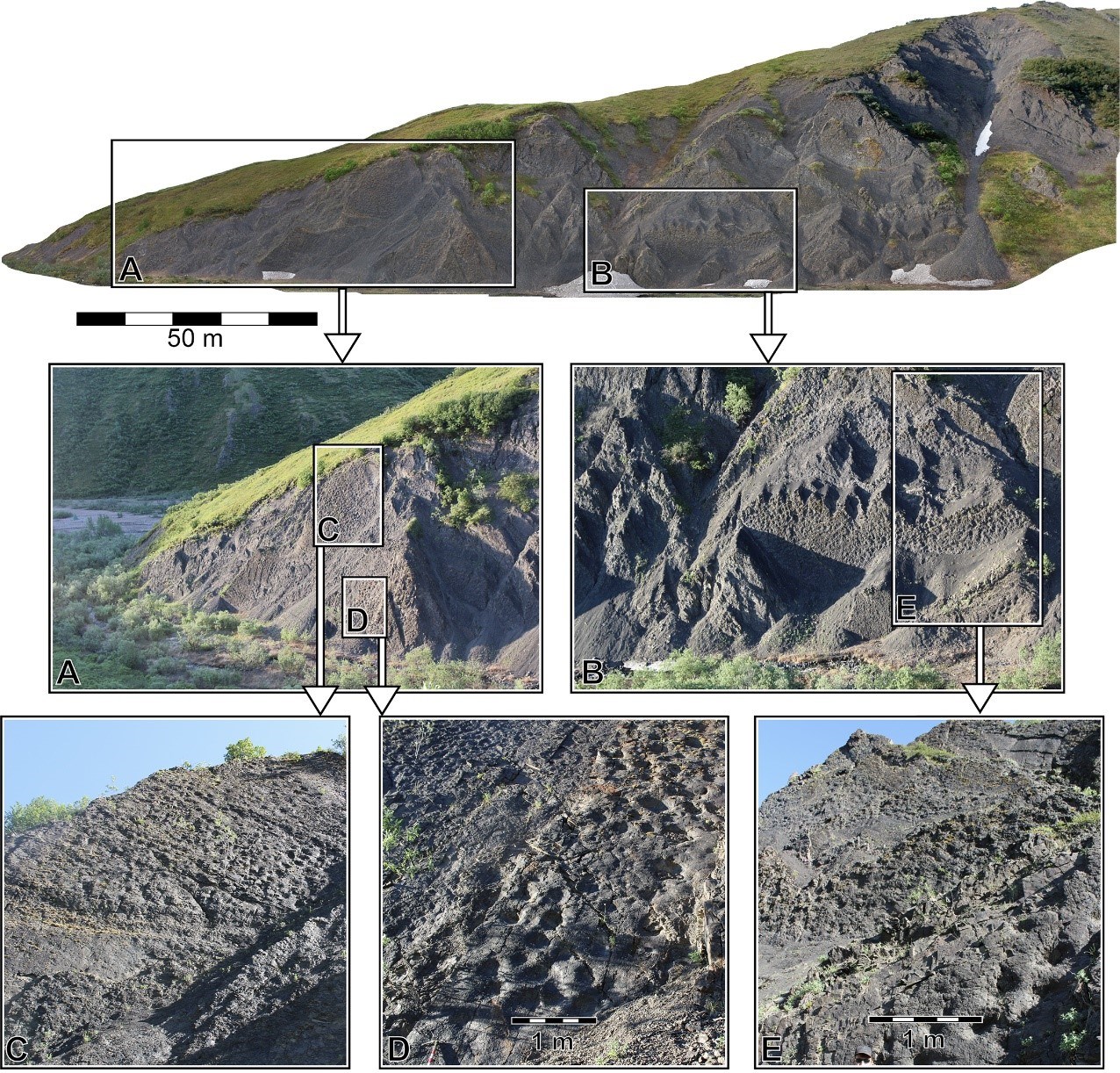 six photos showing rock exposture and study areas