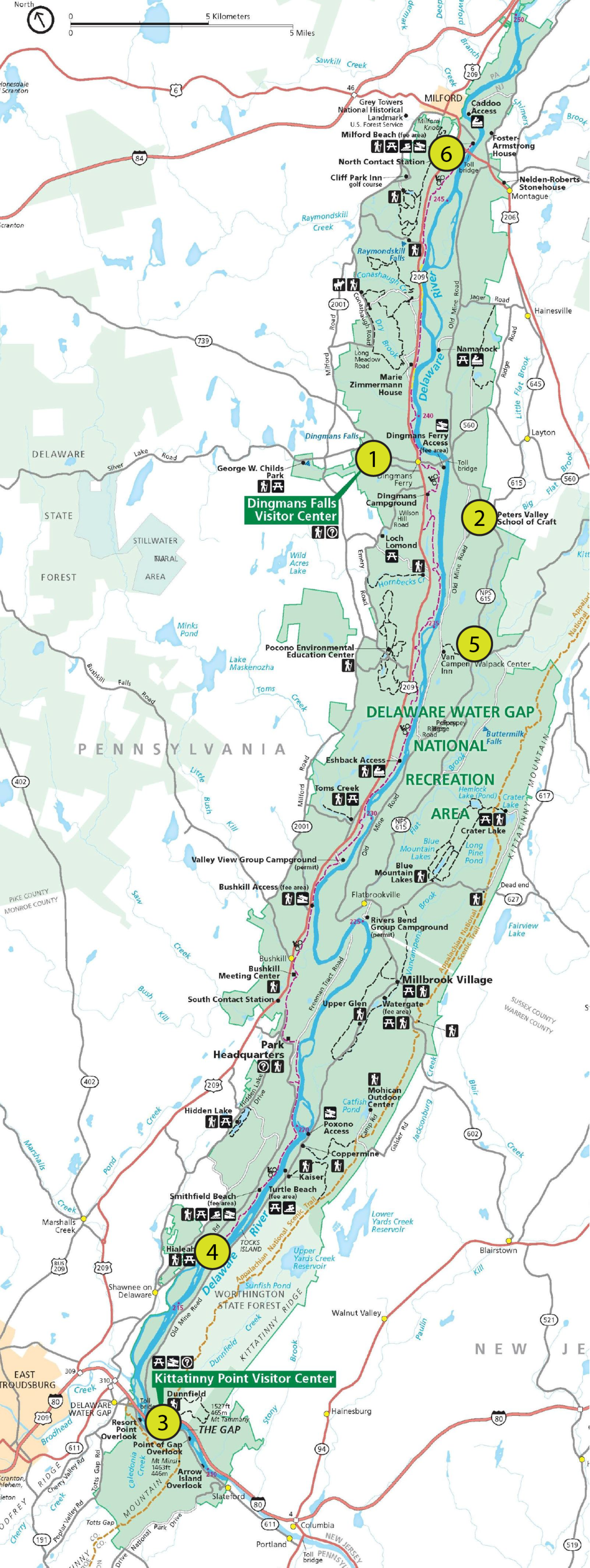 Science Summer Camp Map 2024 A map of the Delaware Water Gap NRA with yellow circles and numbers where the activities are being hosted.