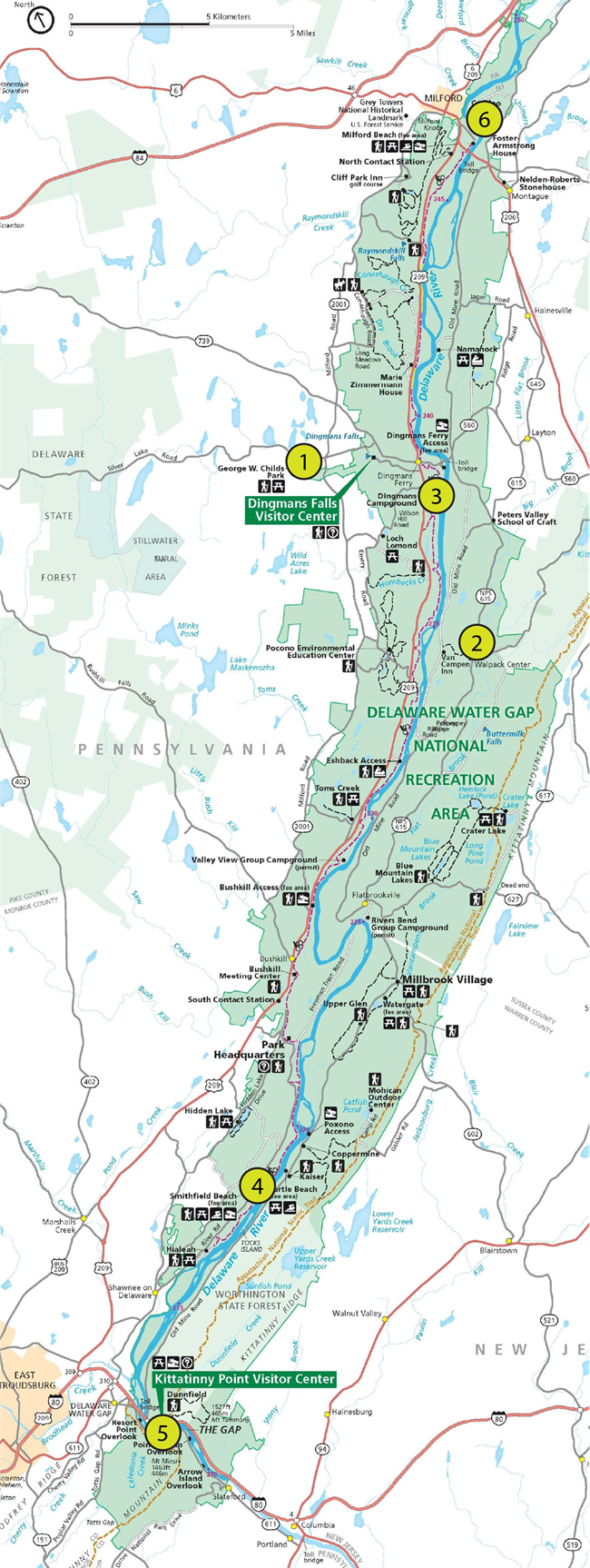 A map of the Delaware Water Gap NRA with circled numbers in the locations of the programs.