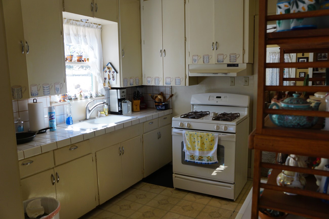Sun streams through a window above a kitchen sink