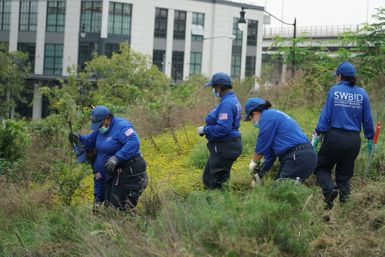 Men and women in blue work on a park beautification project.