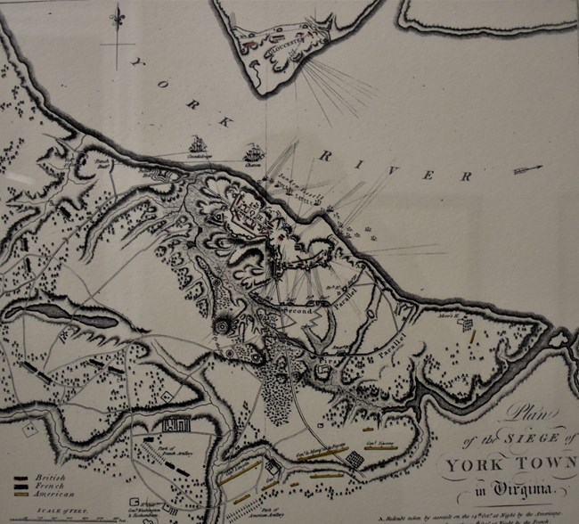 Historic map showing troop placements at the Siege of Yorktown