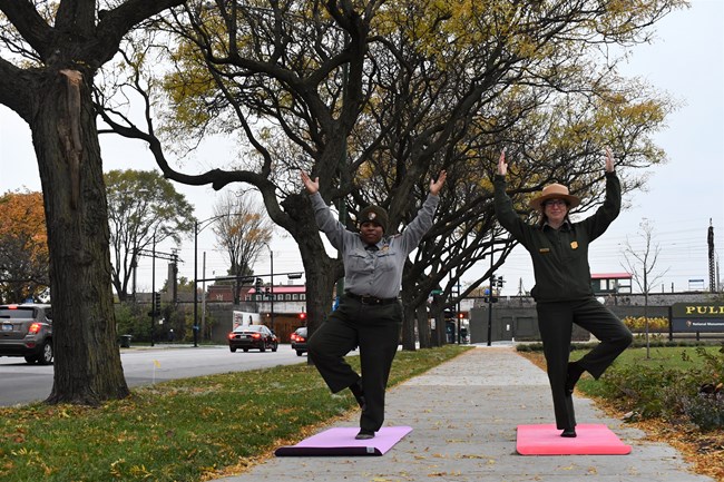 Two rangers perform tree pose on a side walk lined with tall mature trees along a busy street.