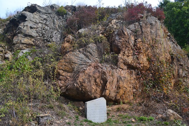 Reddish and gray rocks stick out of a hill among small plants.
