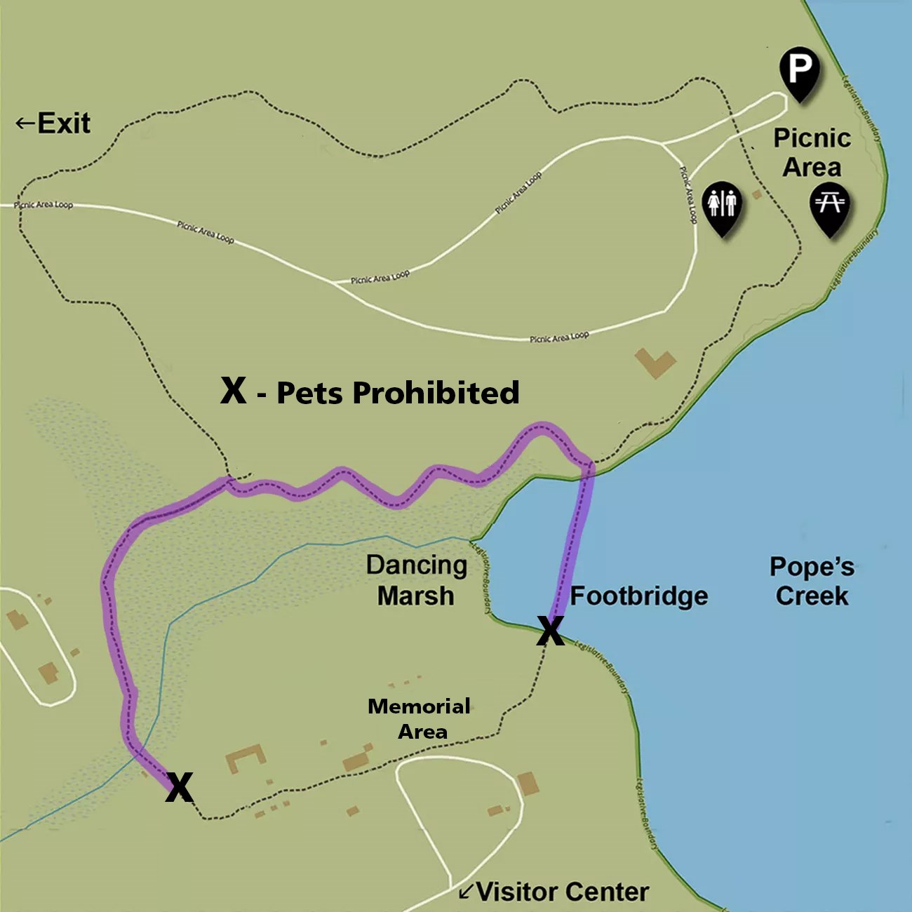 Dancing Marsh Trail at George Washington Birthplace National Monument A map showing the Dancing Marsh Trail where pets can go.