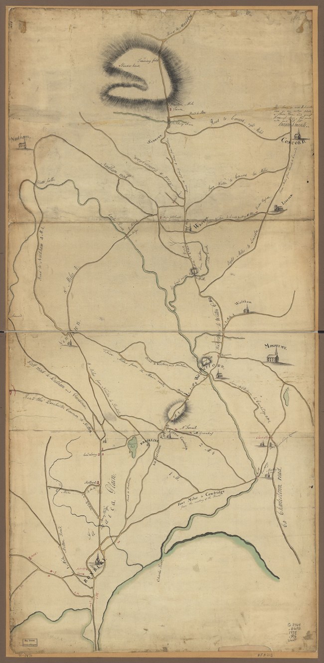 An old map on yellowed paper showing a rough sketch of roads and towns in eastern Massachusetts