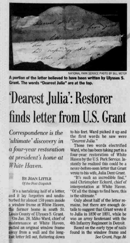 Newspaper article with headline that reads "'Dearest Julia' Restorer Finds Letter from U.S. Grant."