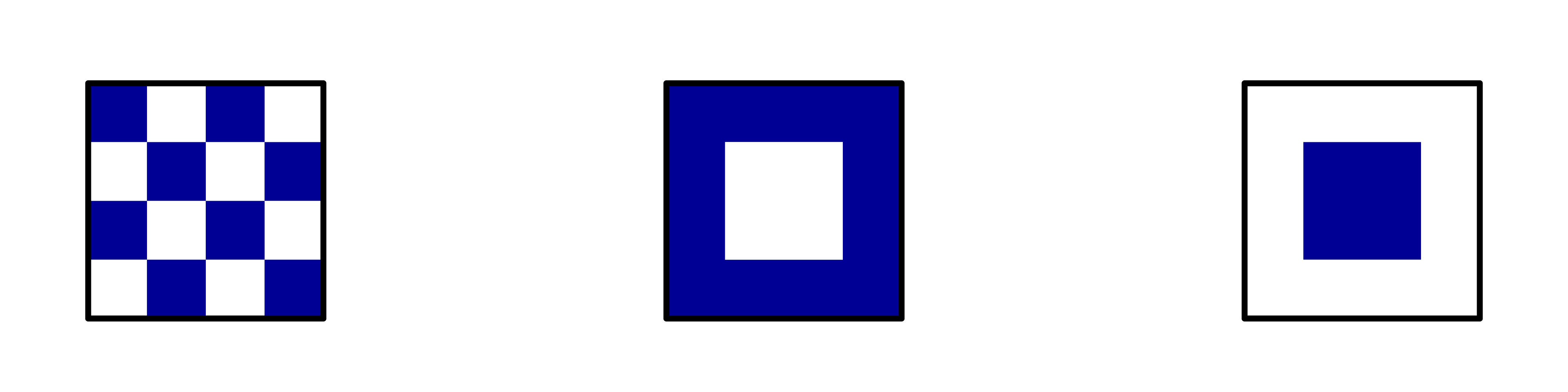 Three square flags in a row: A 4x4 checker flag of white and blue, a blue flag with a white square, and a white flag with a blue square.