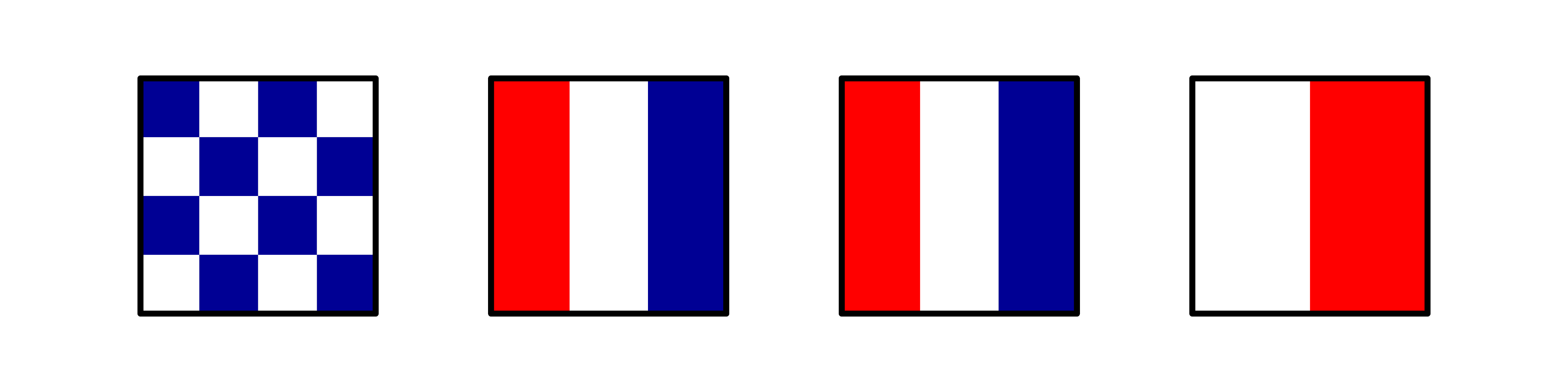 4 square flags in a row, 1 is checkered blue and white. 2 & 3 have red white and blue vertical bars, and 4 has half white and half red vertical rectangles.