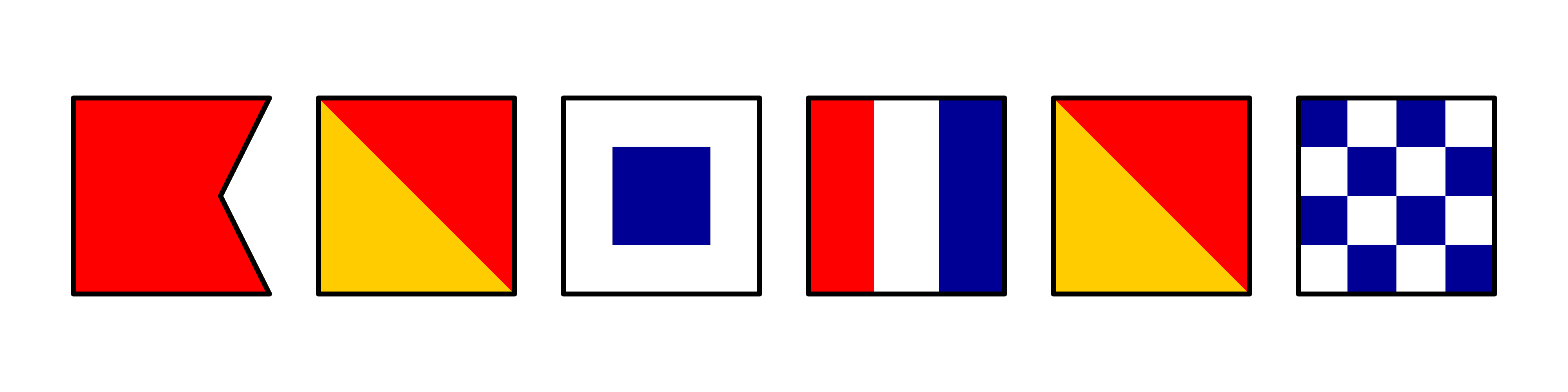 6 square flags in a row: 1, red swallow tail, 2 & 5, half yellow & red divided by diagonal, 3, white with blue square, 4, red white & blue vertical bars, 6, checkered blue and white