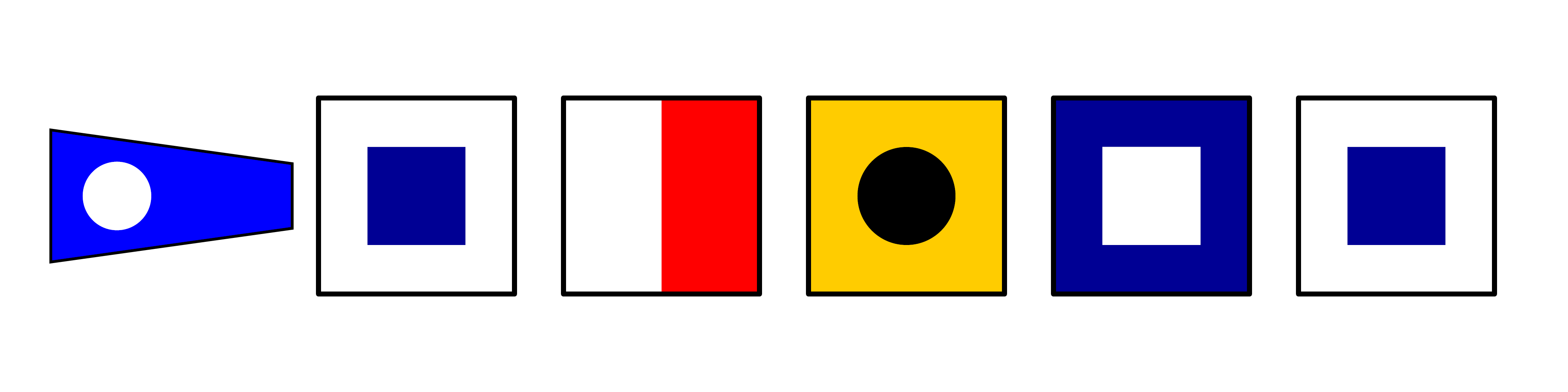 1 blue pennant with white dot. 5 square flags follow: 1 and 5 white with blue square, 2 left white right red, 3 yellow with black dot, 4 blue with white square