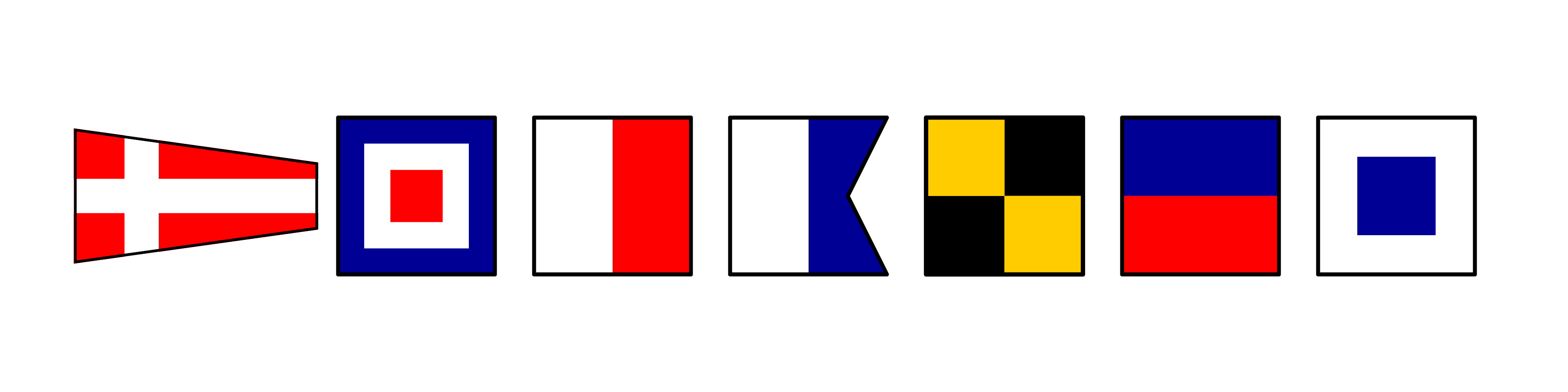 1 red pennant with white cross. 6 square flags follow: 1 blue box white middle & red square center, 2, white left red right, 3, white with blue swallow tail, 4, yellow & black checker, 5, top blue bottom red, 6 white with blue square