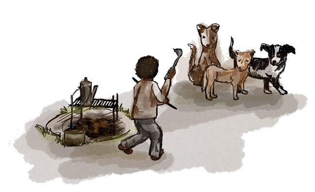 George Cartoon Smaller A cartoon drawing of a black slave fending off dogs with a stick.