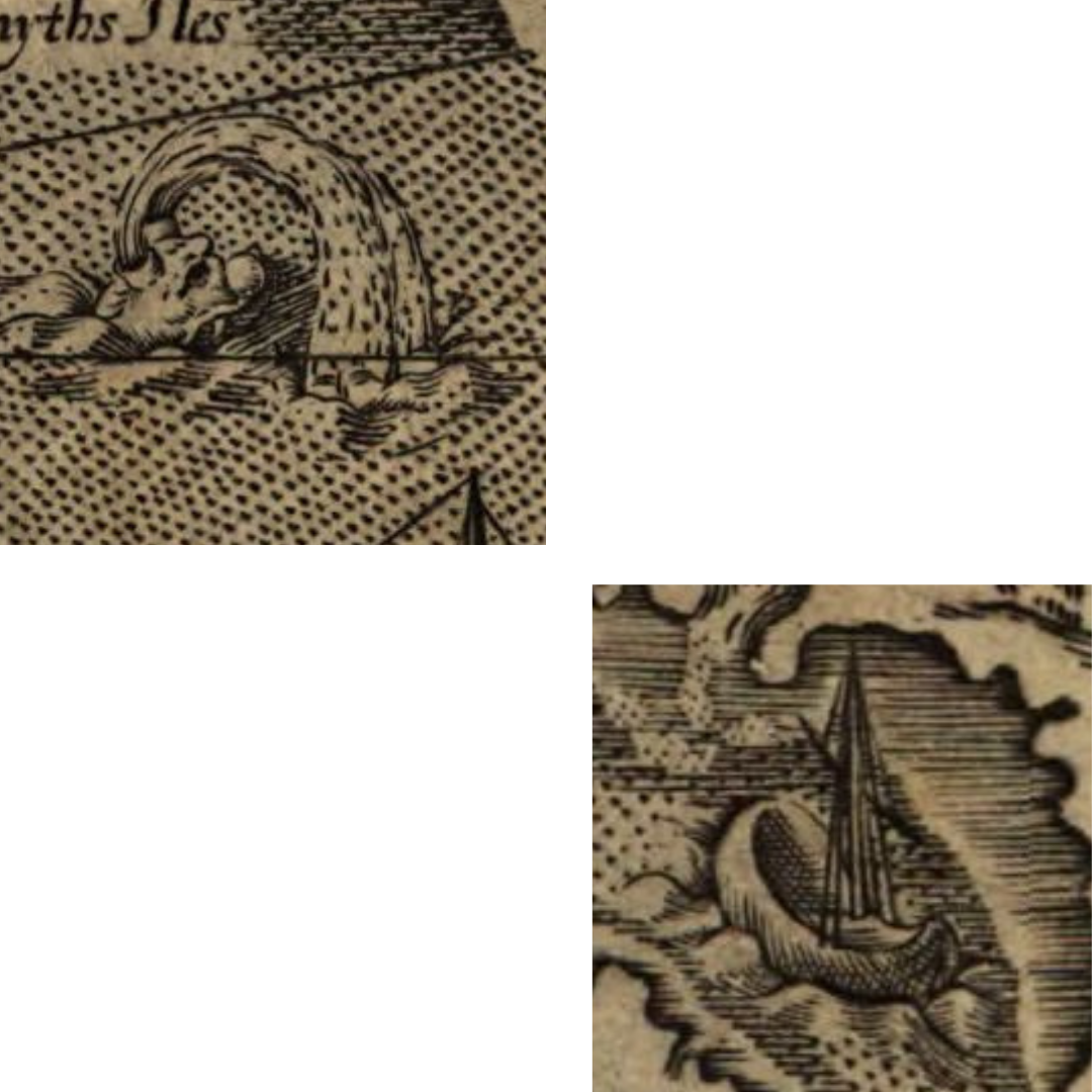 Decorative illustrations from Smith's map showing a sea monster and a shallop.