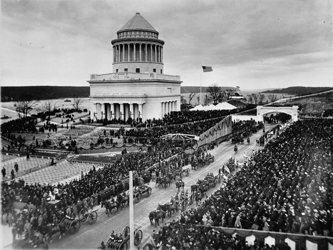Dedication of Ulysses S. Grant Tomb Black and white photo a birds eye view of a crowd of people seating in front of a large white mausoleum