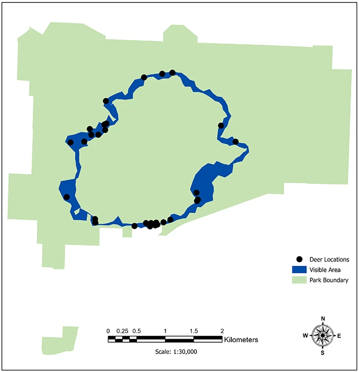 Map of deer locations and the visible area surveyed A map of Pea Ridge National Military Park showing that the visible area along the loop road in the center of the park is surveyed for deer and that deer were found around most of the loop in 2023.