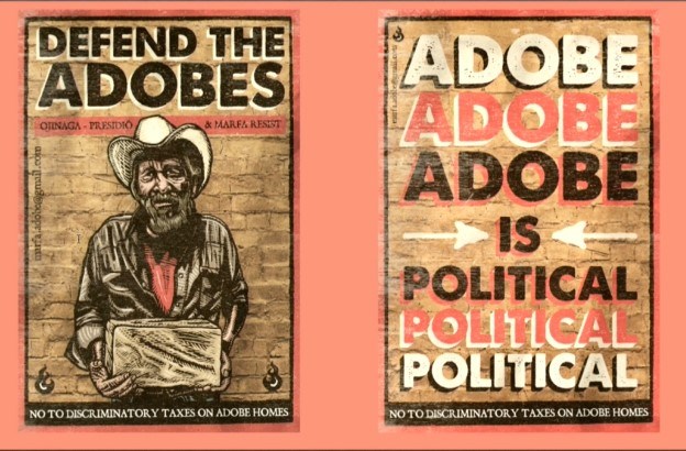 Two posters, first an Abedero under "Defend the Adobes", the other "Adobe is political."