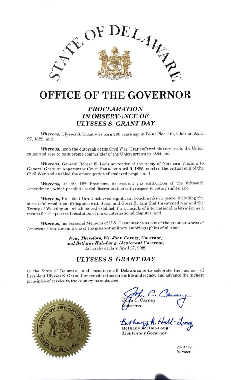 Message from State of Delaware proclaiming April 27th, 2022 Ulysses S Grant Day for Grant's 200th birthday. State seal of Delaware in gold on lower left.