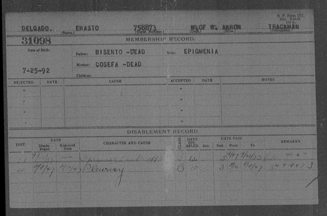 Membership Record 31098 lists date of birth, parents, wife, and disablement history for Trackman.