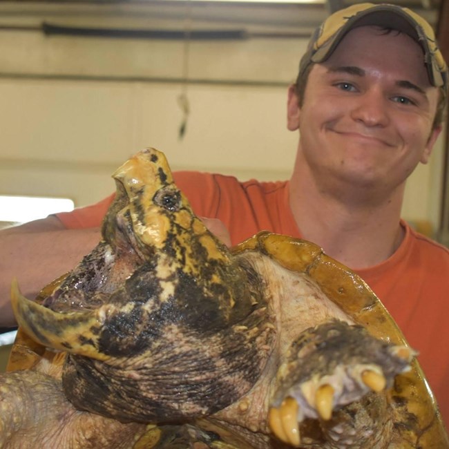 A young man holds a snapping turtle.