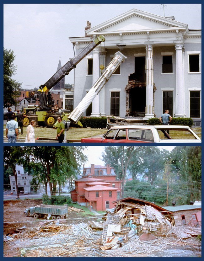 Demolition of the Rome American Legion and Women's Community Center. There is wooden planks and debris strewn across the image.