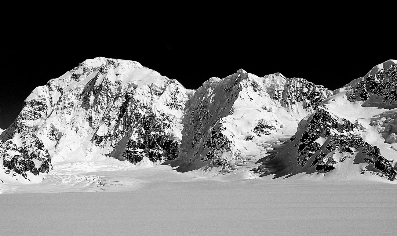 Black and white image of Denali and a portion of the Alaska Range.