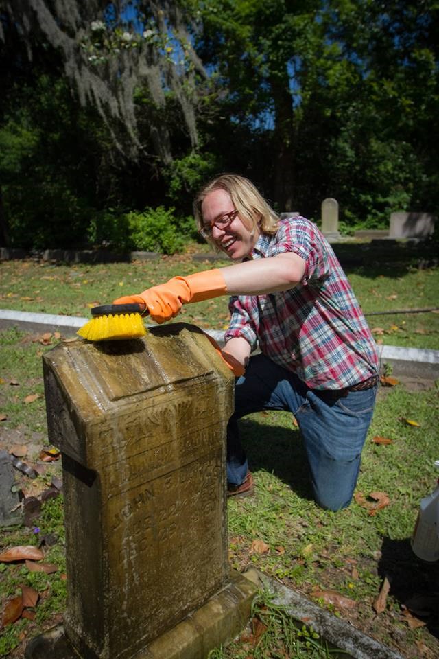 Derek Llamas (BFA, Historic Preservation 2016) cleans a grave marker in Laurel Grove Cemetery North during Preservation Week 2015. Derek Llamas (BFA, Historic Preservation 2016) cleans a grave marker in Laurel Grove Cemetery North during Preservation Week 2015.