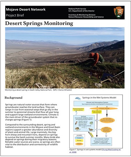 First page of Desert Springs Project Brief - with photo of scientist sampling a spring in Death Valley.