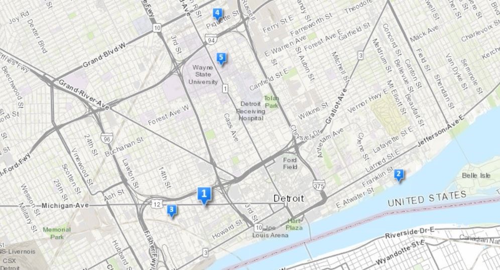 Numbered pinpoints on map of Detroit.