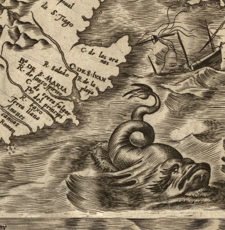 Detail from an old map showing a coastline with labelled features, sea monster, and wrecked ship.