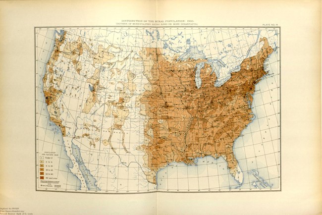 Distribution_of_US_Rural_Population_during_1900.pdf Historical map of the United States showing population density high in the east and much lower in the west, with a significant boundary at the 100th meridian.