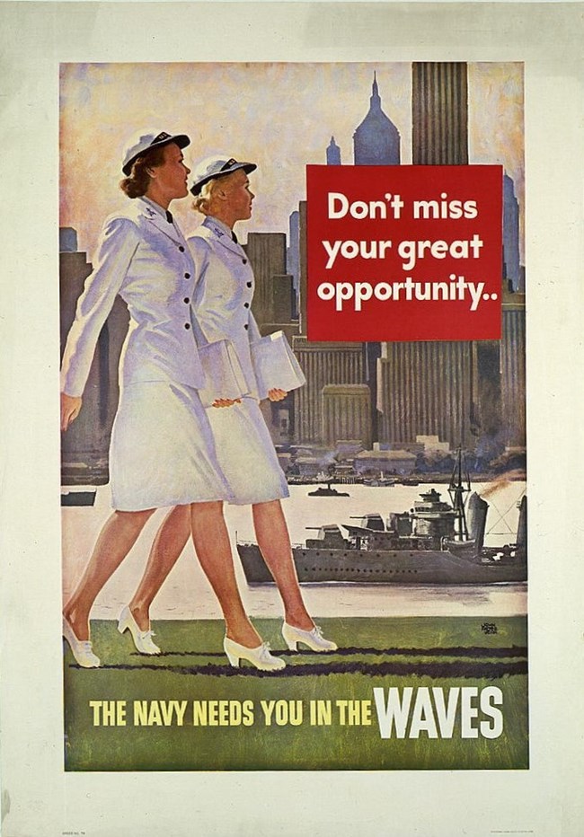 Don't Miss Your Great Opportunity recruiting poster Illustration of two WAVES in uniform, one brunette and one blonde, purposefully walking on shore by military boats, with skyscrapers in the background. Red text box reads: "Don't miss your great opportunity..The Navy needs you in the WAVES"