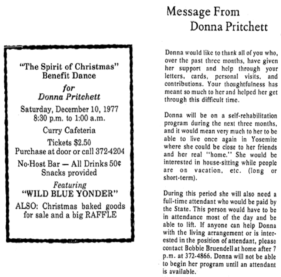Donna Pritchett dance and thank you Announcement for The Spirit of Christmas Benefit Dance for Donna Pritchett. Thank you from Donna Pritchett