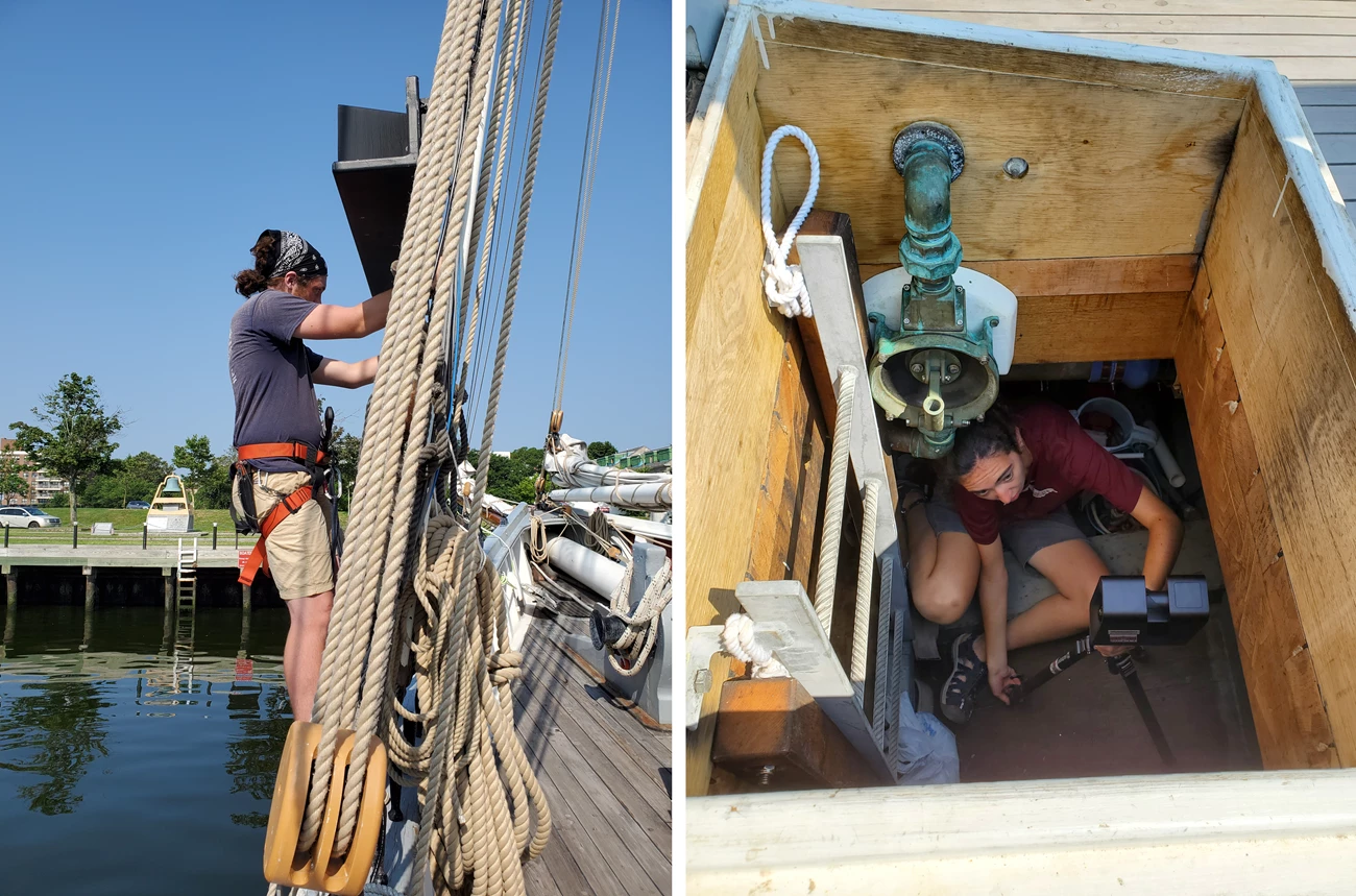 Collecting 360-degree imagery Left: Person in a harness preparing to climb the ship's rigging; Right: Looking down through a hatch at a person crouched in a small, below-deck compartment with a camera and tripod.
