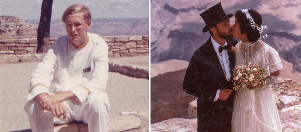 Two photos: on the left a young man in a white restaurant busser uniform posing for a photo by the canyon. Right: newlyweds kissing with the canyon behind them.