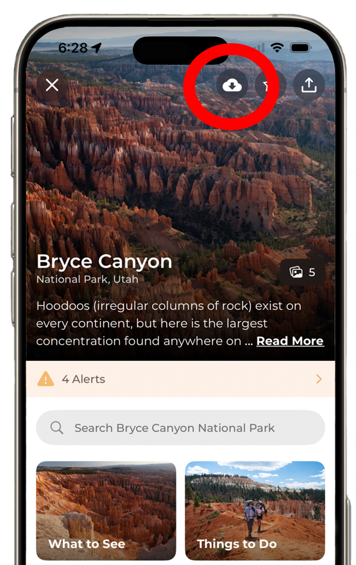 Bryce Canyon's home screen on the NPS App with a red circle on the download button in the upper right corner.