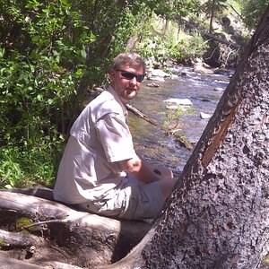 Photo of the presenter Michael Strutt sitting on a log in beside a woodland stream.