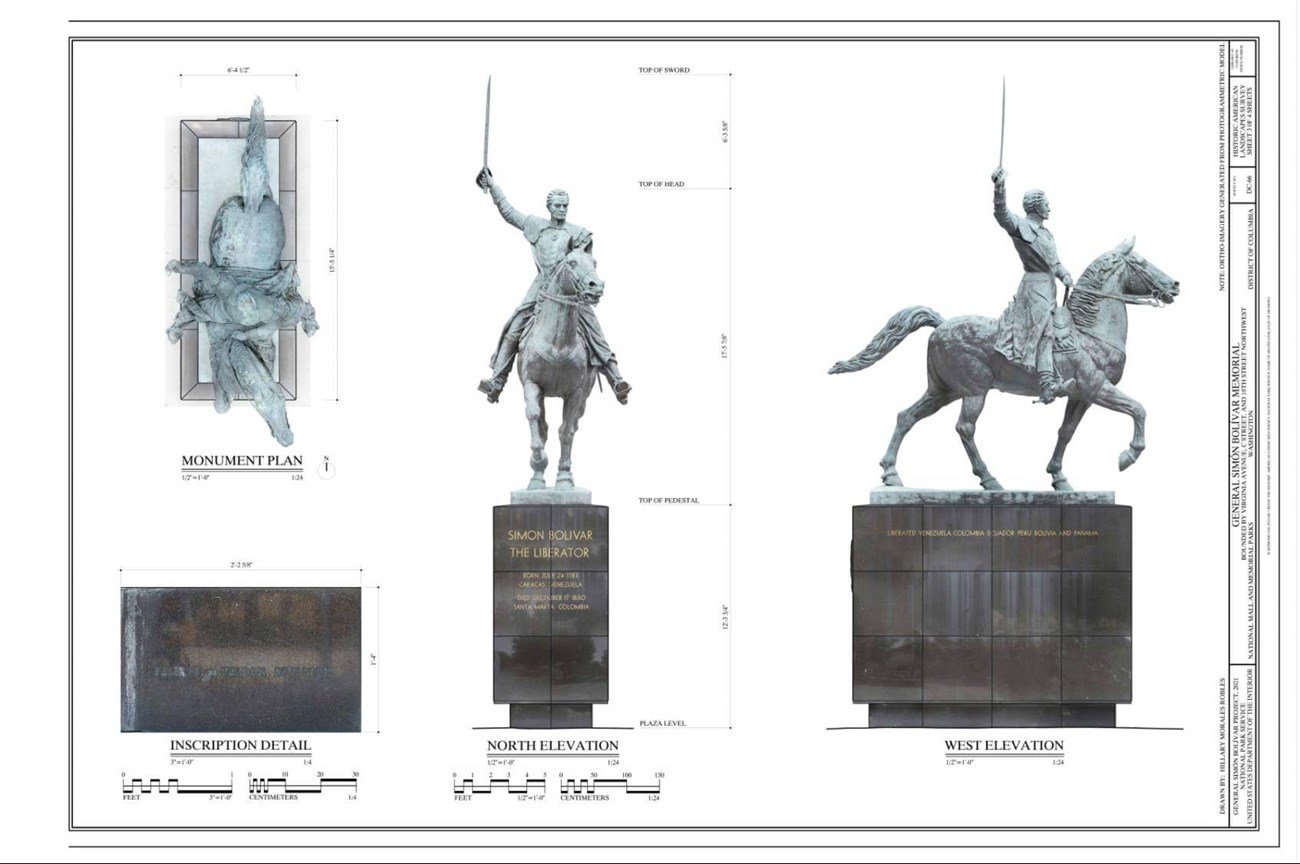 Drawing of Simon Bolivar statue drawings of plan, elevation and detail of General Simon Bolivar on top of a horse and a rectangle black box